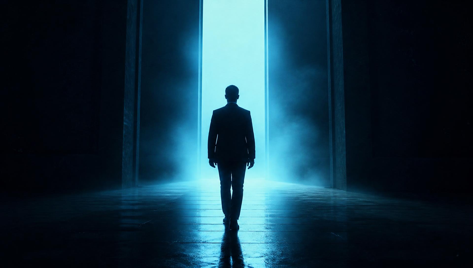 Silhouette walking toward an illuminated doorway