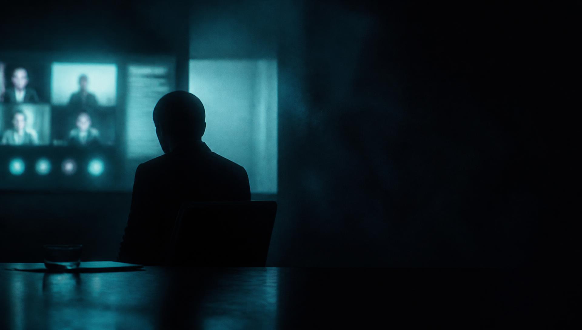 Silhouette of a candidate alone in a dark online interview room